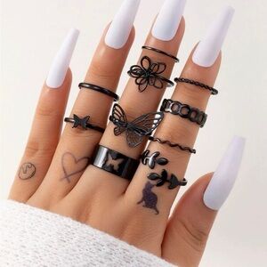 Black 𝅺3/$30 10pc Butterfly & Floral Ring Set